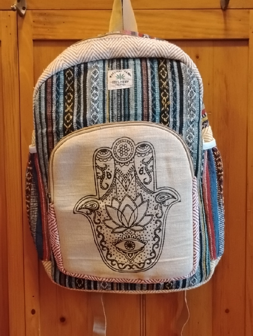 100% Hemp Multicolor Striped Backpack with Hamsa Front Pocket
